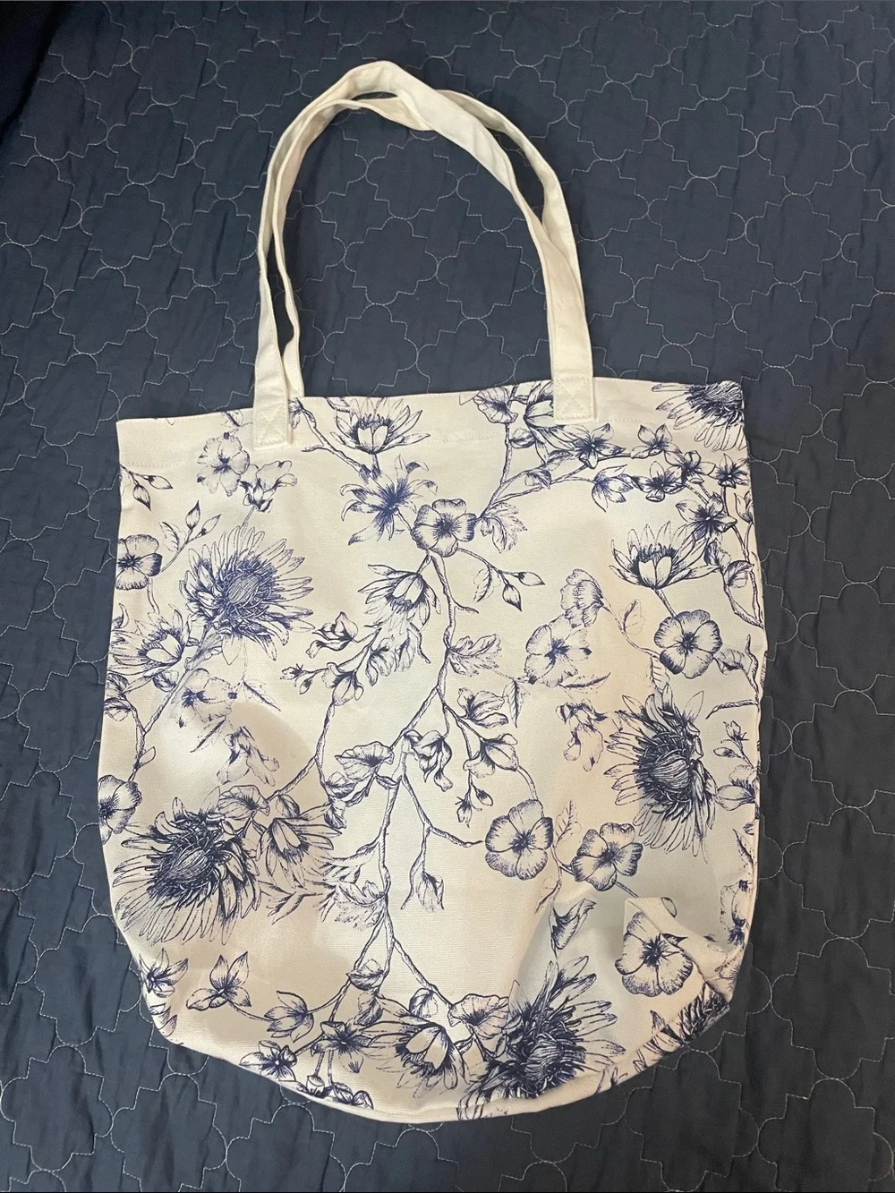 Chico's White Canvas Tote with Blue Floral Sketch Print